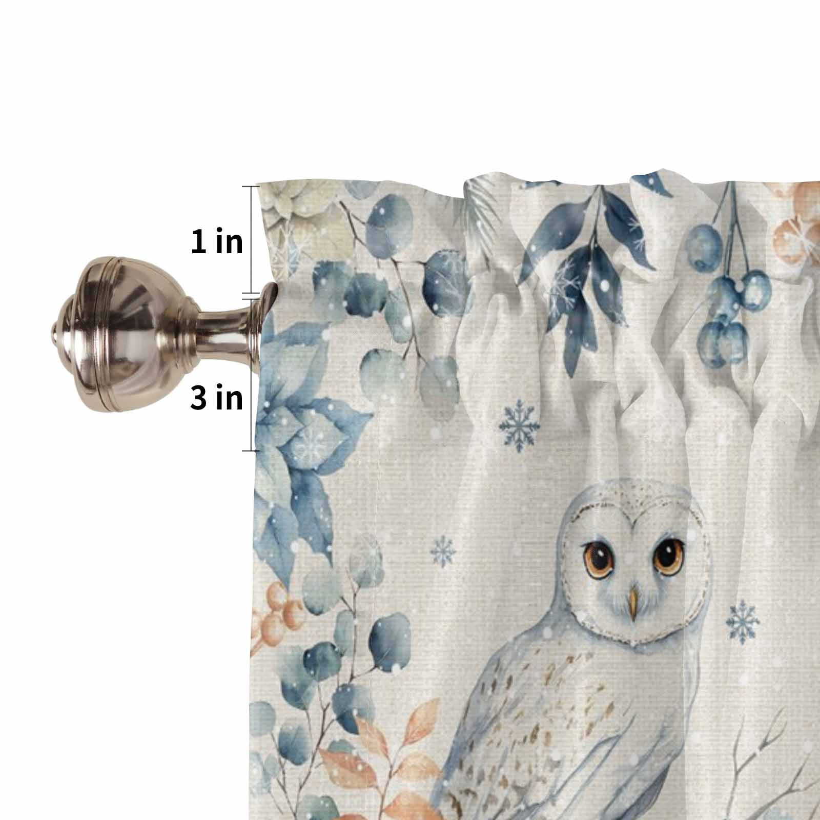 Christmas Owl Kitchen Curtains and Valances Set, Blue Eucalyptus Leaves Floral Winter Linen Rod Pocket Window Valance Window Curtain Panels for Living Room Bedroom Laundry, 27.5x36in, 3 Pieces