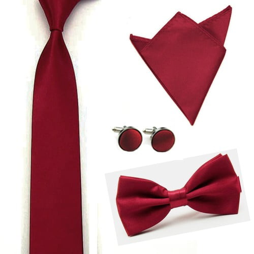 Men Solid Color Satin Bow Tie Necktie Handkerchief Pocket Square Cuff Link Set