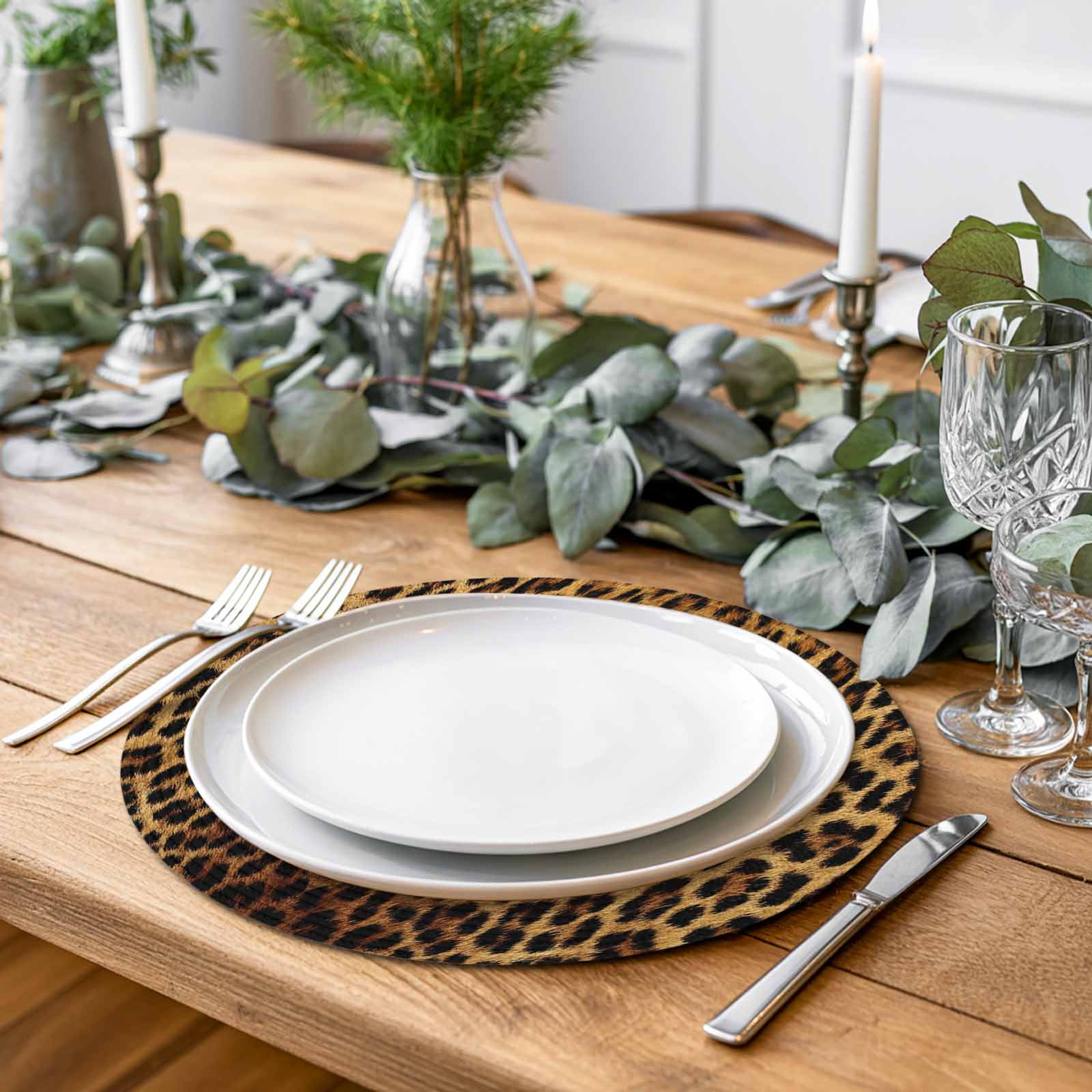 Brown Retro Leopard Print Round Table Placemats set of 4, Abstract Animal Texture Washable Woven Place Mats for Dining Tables Kitchen Party Decor,Heat Proof, 15in,
