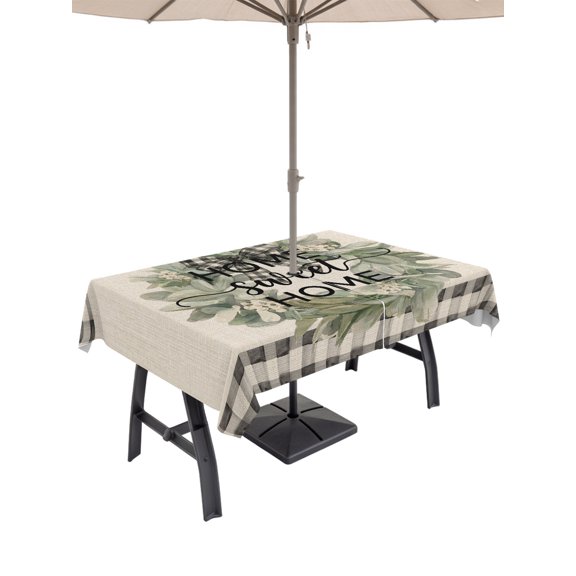 54x80 Inch Outdoor Tablecloth with Umbrella Hole Zipper Rectangle Farmhouse Leaves Rectangular Tablecloths Outside Waterproof Florals Vintage Beige Black Plaid Patio Table Cloth Cover for Picnic