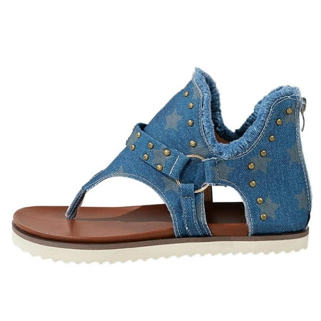 

sandals for Women Sandals For Women Summer Fashion Star Print Flat Shoes Retro Flip Flops Star Print Studded Decor Trim Thong Sandals Canvas Dress Sandals for Women Blue