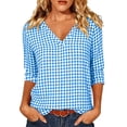 thumbnail image 3 of VBVC Women's Gingham 3/4 Sleeve V-Neck Top , Ladies' Lightweight Work Office Blouse , Plaid Summer Shirts For Women,Sky Blue,S-2XL, 3 of 8