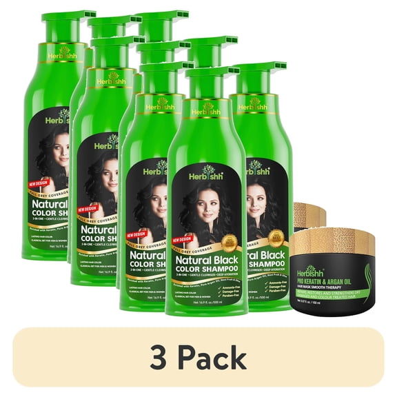 (3 pack) Herbishh Black Hair Color Shampoo,Ammonia-Free, Permanent 3-in-1 Gray Coverage for Men & Women Kit (3pcs Color Shampoo  1 Argan Hair Mask)