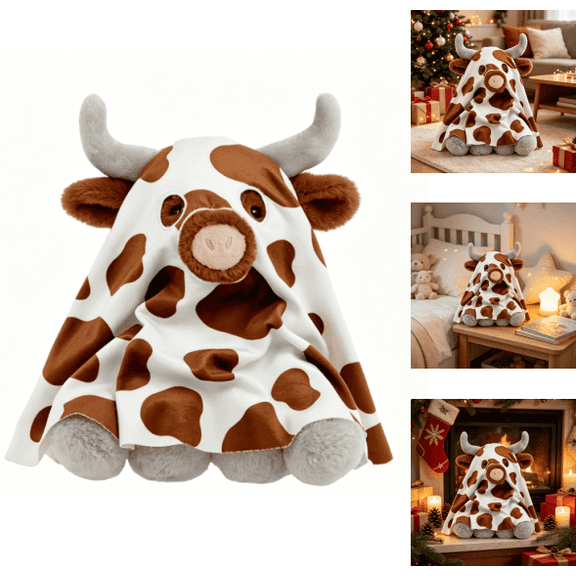 Holiday Spotted Longhorn Cow Ghost Plush Toy, Whimsical Ghost‑Themed Spotted Cow Plush, Versatile Decor for Shelves, Tabletops and Halloween Party