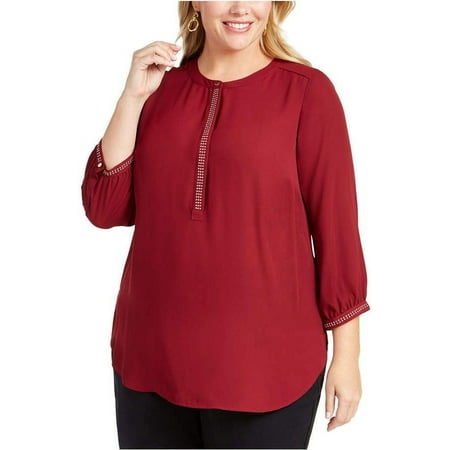 JM Collection Women's Embellished Pleated Back Blouse Red Size 2X