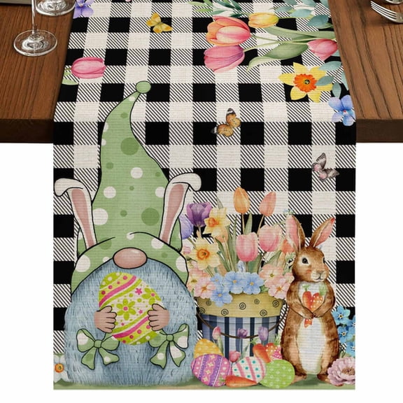 Table Runners 108 Inches Long Dress Scarves, Easter Gnomes Farmhouse Coffee/Dining/Kitchen Table Runner for Living Room, Spring Watercolor Bunny Tulip Black Plaid 13x108 Inch