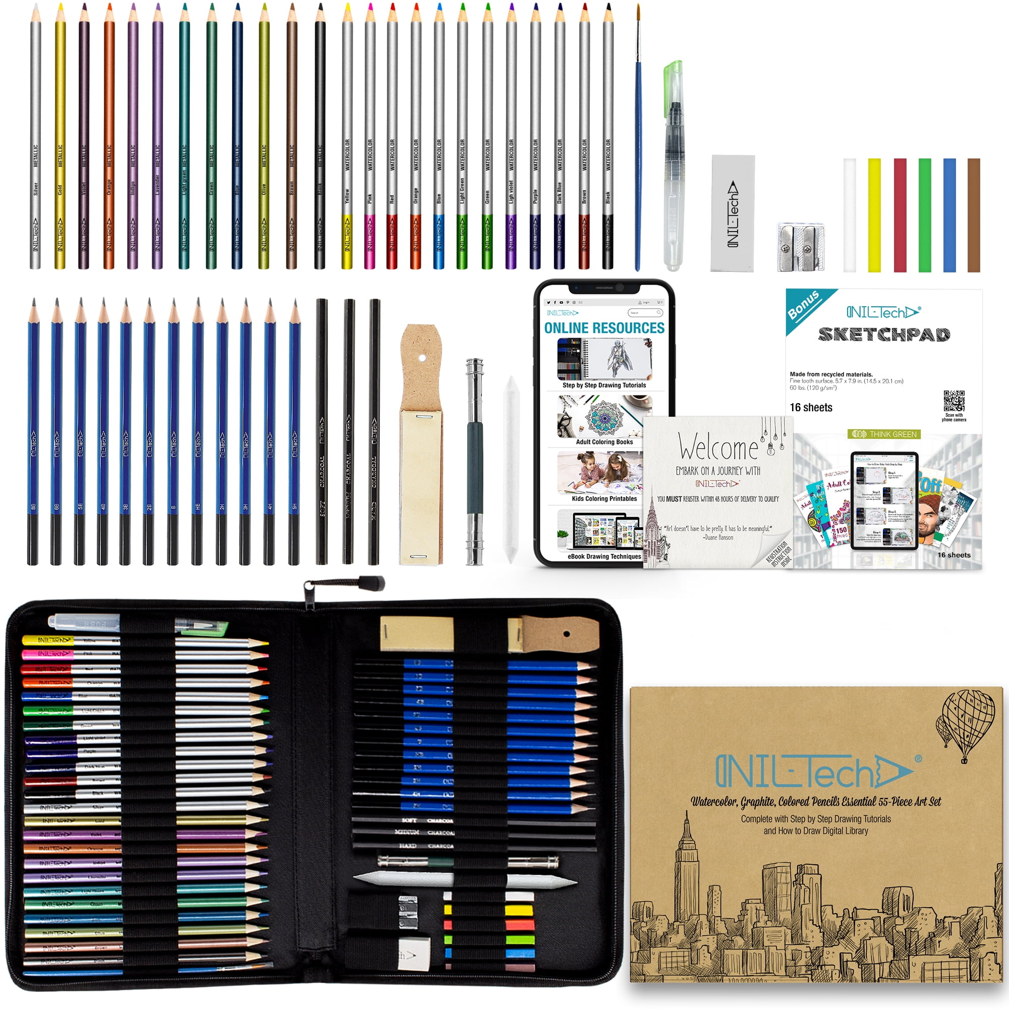 Watercolor Pencils Set - 55 Piece Kit for Sketching and Drawing Pens - Includes Sketch Pad and Blending Tools - Ideal for Beginners and Artists