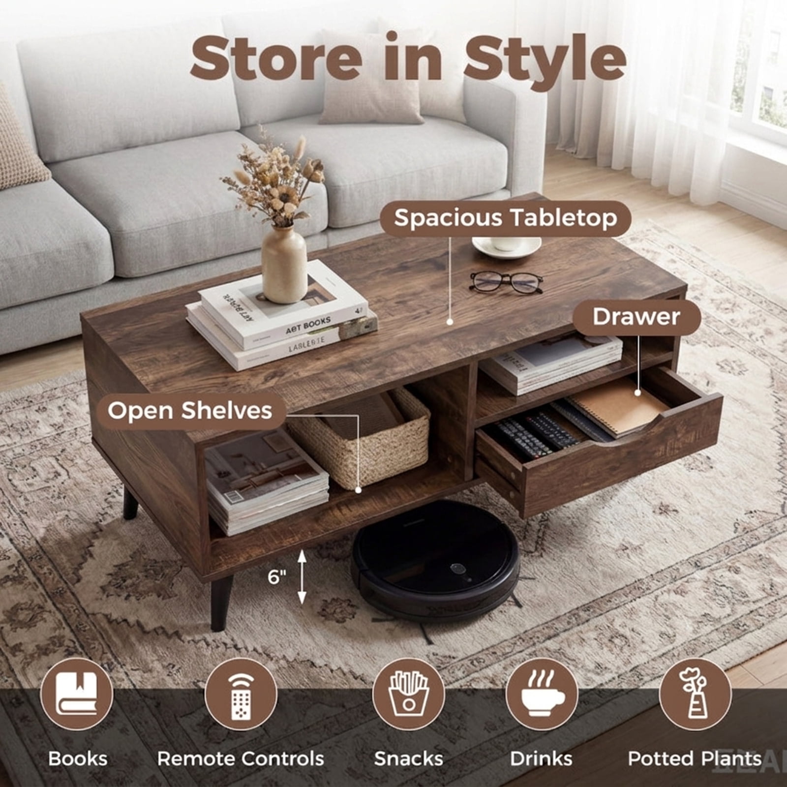 Furnibear Coffee Table with Storage Rustic Rectangle Center Table - Walnut - Living Room Cocktail Center Table