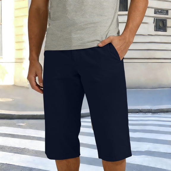 Mens Cotton Loose Drawstring Cargo Short with Full Elastic Waist Dark Blue L