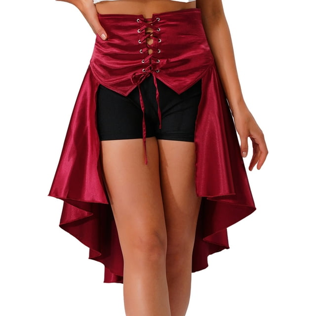 Runhomal Jupe Gothique Steampunk pour Femmes Jupe à Volants Victorienne Haute Basse Jupe Médiévale Renaissance Rouge 3TG
