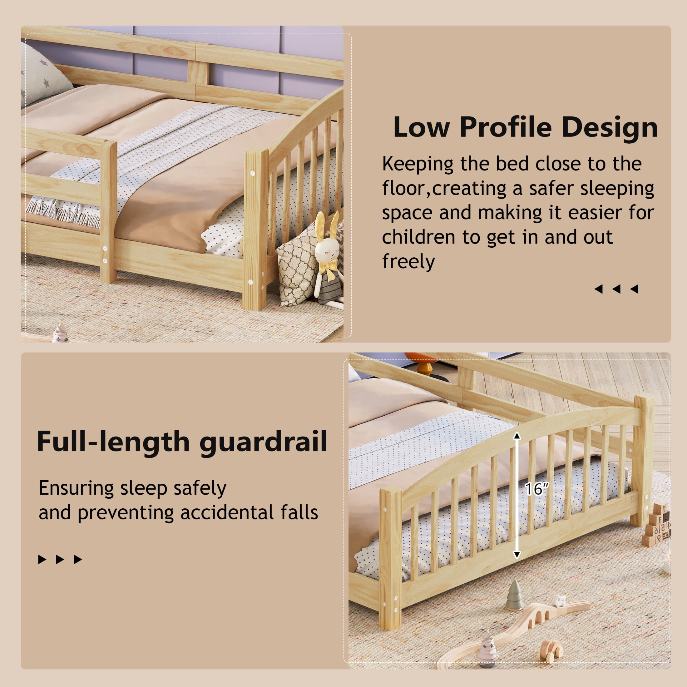 Noble House Full Floor Bed with Slats, Safety Guardrails, Solid Wood Frame, Natural