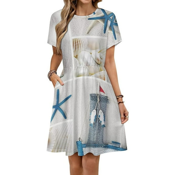 Blue Sand Beach Sea Shells Dress Fashion Beach Short Sleeve Dresses Female Party Printed Sundress