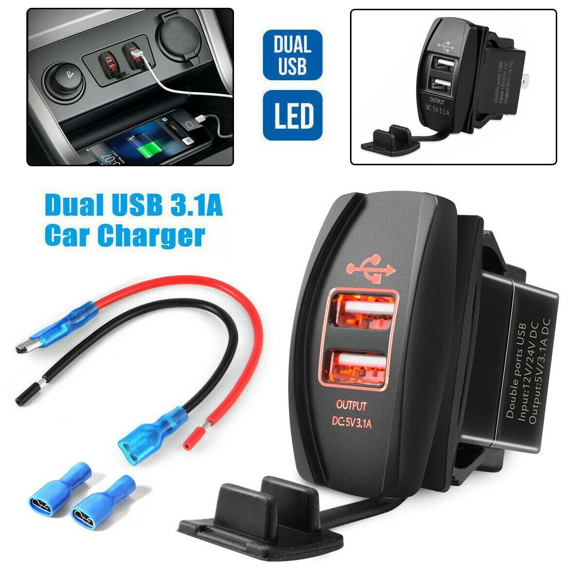12V Dual Port USB Charger Socket Car Boat Red LED Voltmeter Rocker Switch Panel 