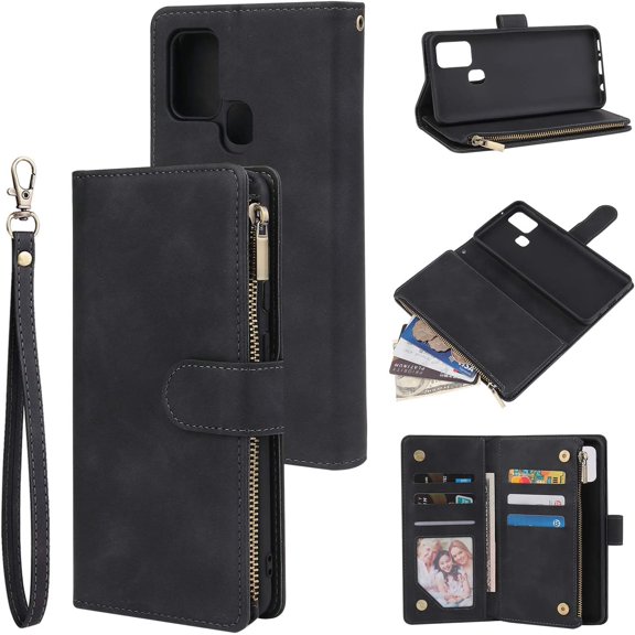 Wallet Case for Samsung Galaxy A21S, Premium Vintage PU Leather Magnetic Closure Handbag Zipper Pocket Case Kickstand Card Holder Slots with Wrist Strap TPU Shockproof Flip Cover - Black