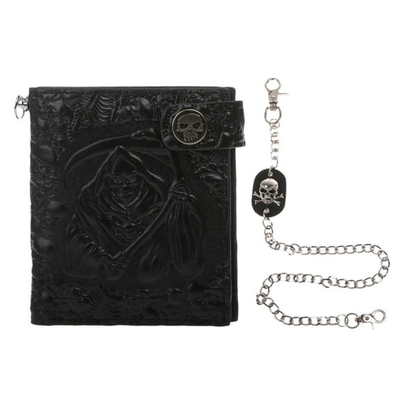 TRINGKY Vintage Skull Leather Wallet With Anti Theft Chain Men Bifold ID Credit Card Ho