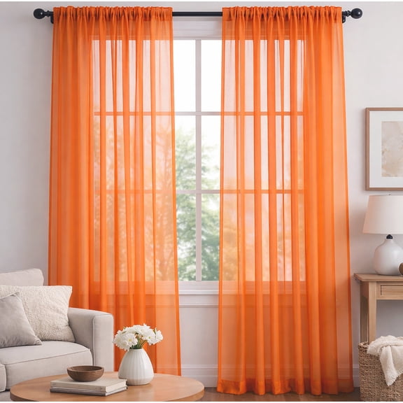 Orange Sheer Window Rod Pocket Curtain Set - 90" Inches Long (2 Panels)