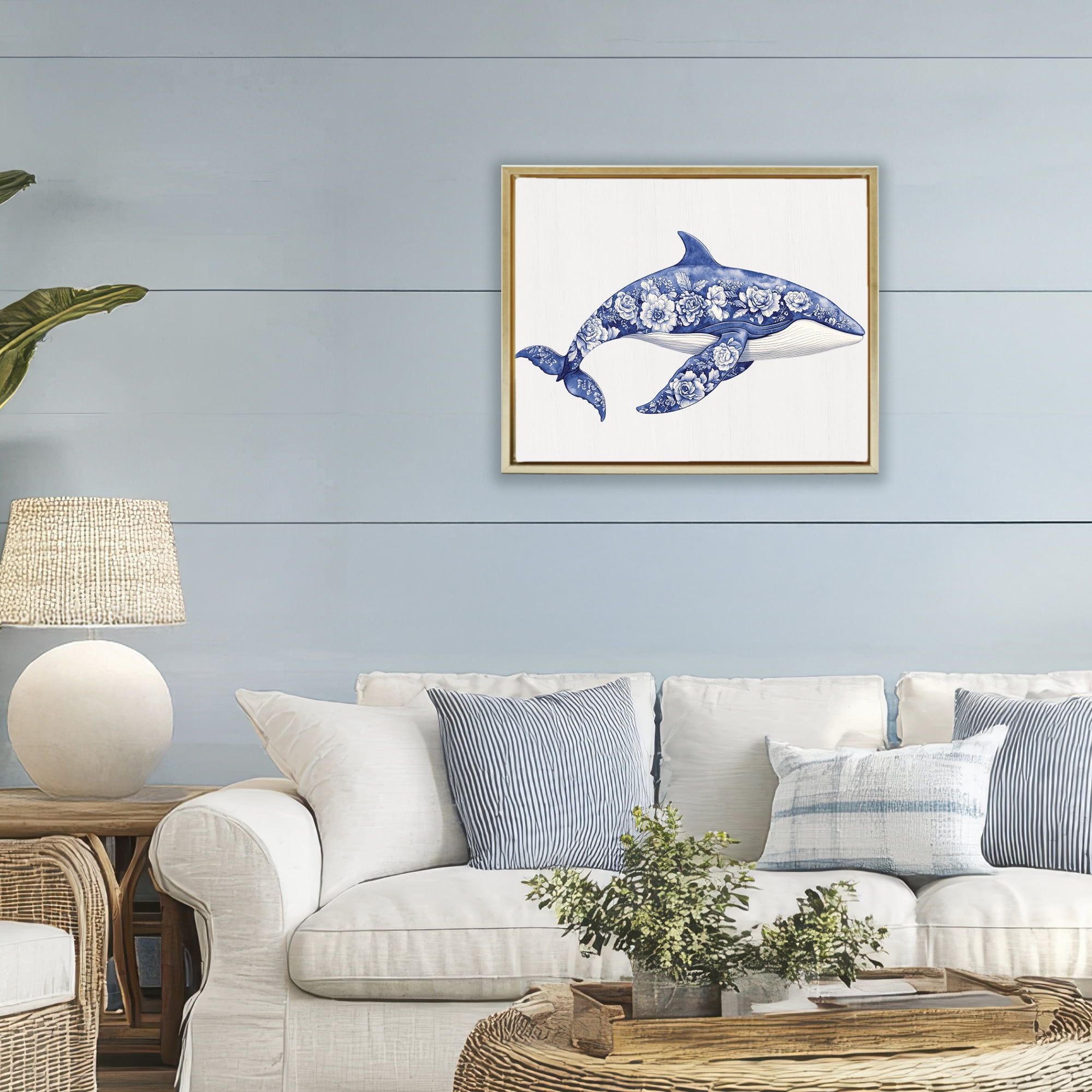 Floral Toile Whale Gold Framed Floater Canvas Wall Art, design by Lettered and Lined