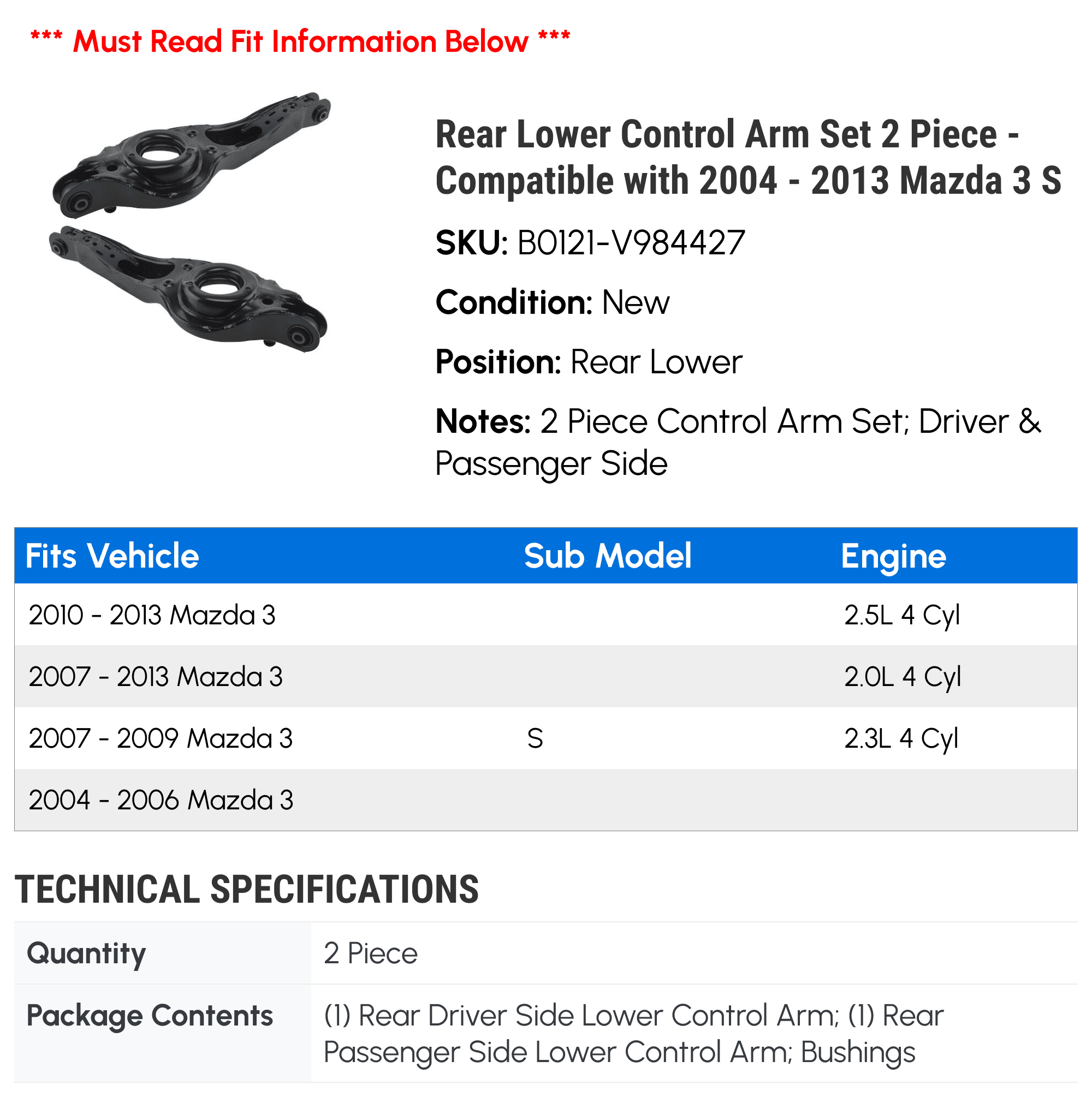 4UMOTOR 2-Piece Rear Lower Control Arm Kit – Fits 2004-2013 Mazda 3 & 2000-2011 Ford Focus