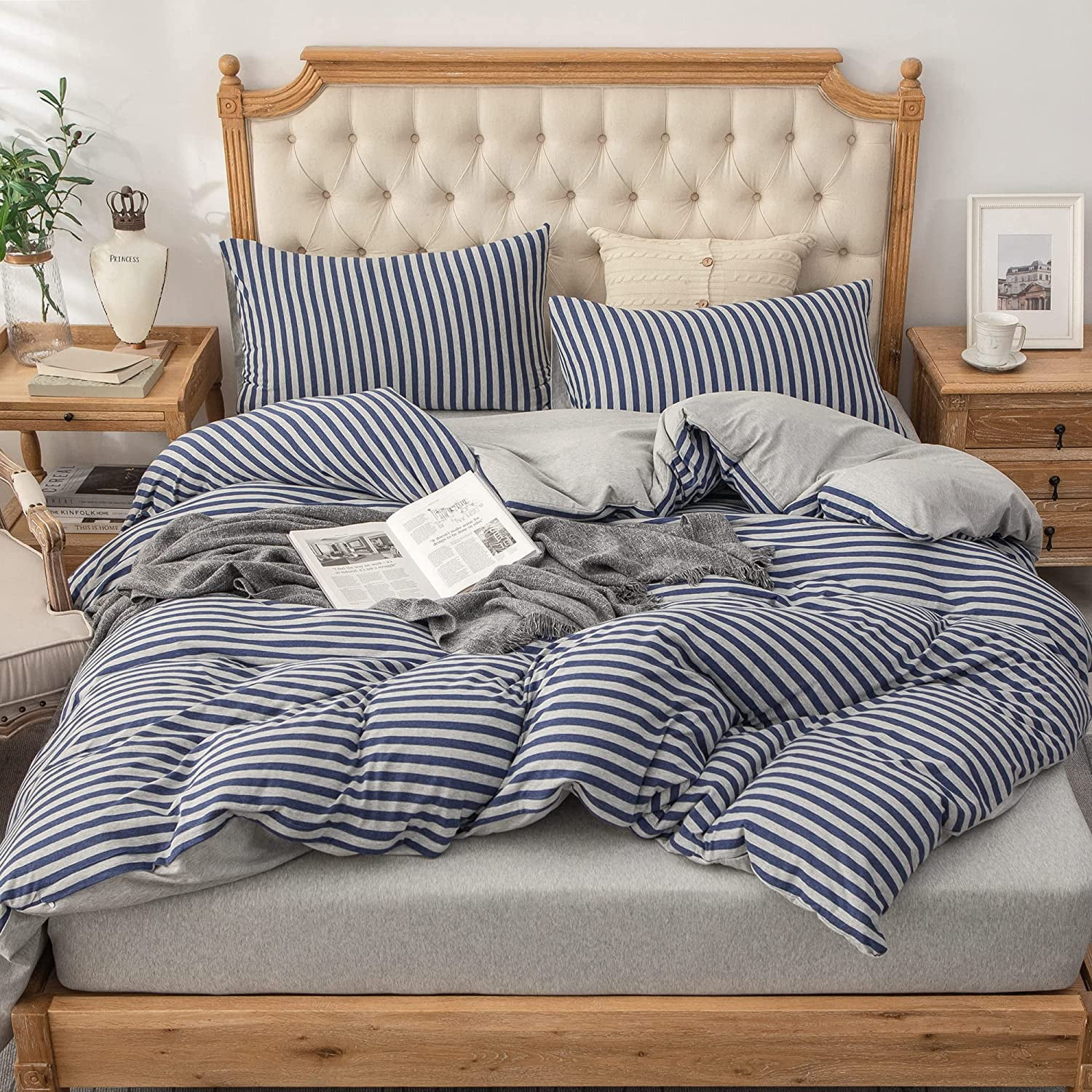 PURE ERA Classic Striped Jersey Knit Duvet Cover 100% Cotton 3pc Bedding Set Ultra Soft (Blue Grey Stripes King)