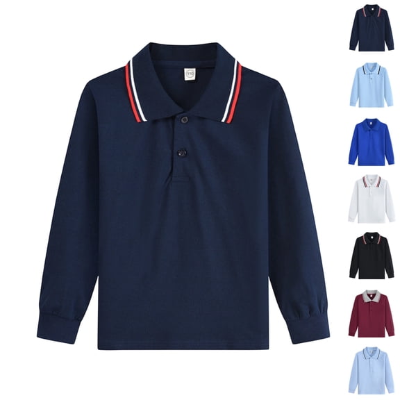 LTTVQM Junior Boys Girls Polo Uniform Shirts Long Sleeve Uniforms Casual Button Down T-Shirt 2026 Spring New Collared Golf Polo Shirts Athletic Clothing Navy 3-4 Years