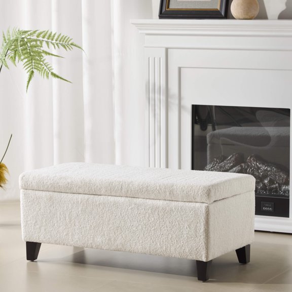 Christopher Knight Home 39" White Boucle Storage Ottoman with Hinged Lid and Birch Wood Legs