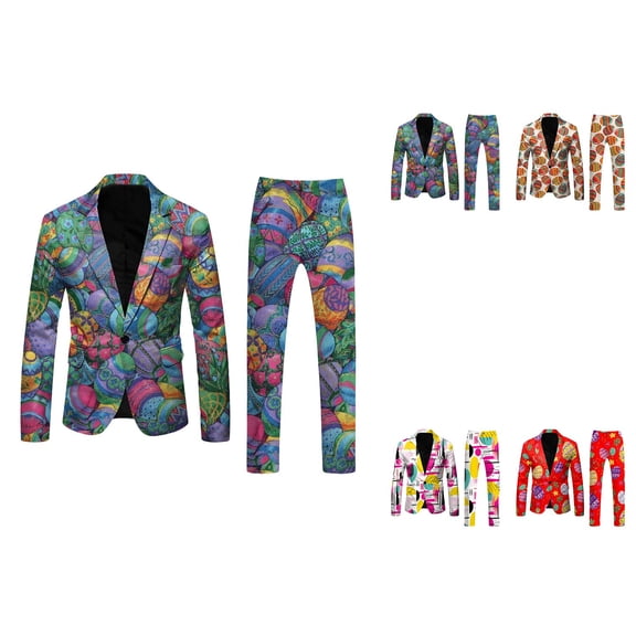 Mens 3D Digital Printed Long Sleeve Lapel Button Suit Jacket Trousers Set with Pocket Large Size Light Business Suit Cape