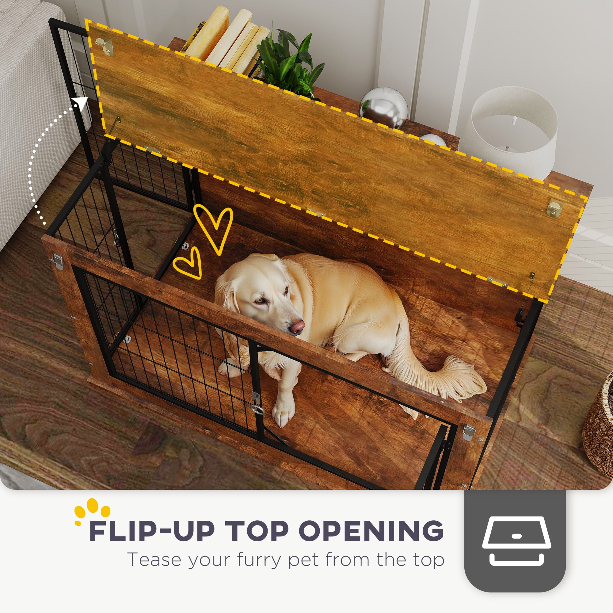 PawHut Dog Crate Furniture, 39" Dog Kennel Furniture with Flip-up Top Opening, 2 Doors, Dog Cage Side End Table for Large Dogs, Rustic Brown