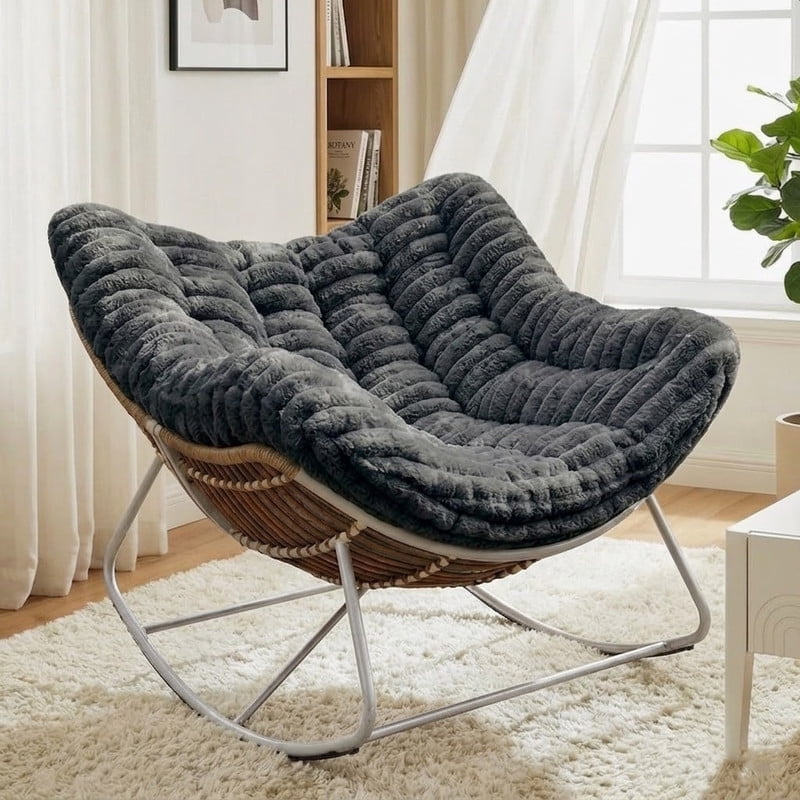 Oversized Rocking Chair, Indoor Outdoor Patio Wicker Rocker with Thick Cushion, Patio Lounge Chair Rocking Recliner
