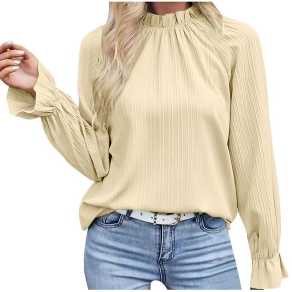 aidice Shirts for Women Casual High Neck Ruffle Long Sleeve Tops Loose Ruched Solid Color T Shirts