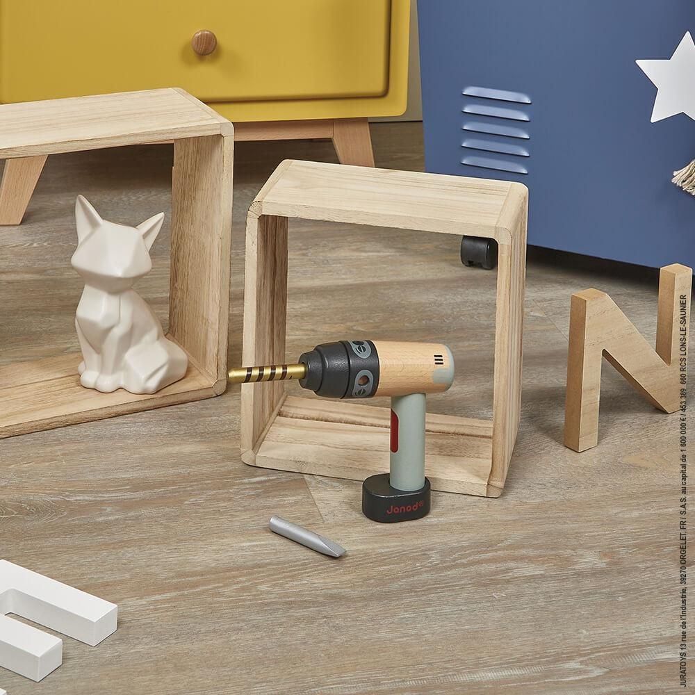 Janod - Brico'Kids - Drill - Wood - Motor Skills Development Toy - Early-Learning - Creative and Imaginative - For Toddlers - From 3 Years + - Multilingual - J06474.