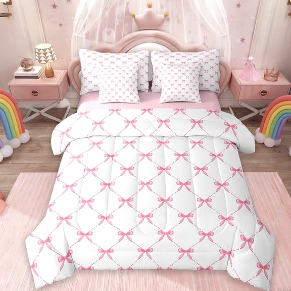 Manfei Bowknot Ribbon 7-Piece Twin Bedding Sets,Cartoon Bow Tie Bedding Comforter Set,Pink White Sheet Sets For Girls,Microfiber Bedroom Decor Reversible