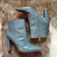 thumbnail image 5 of Sam Edelman Raelle Grey Croco Embossed Block Heel Pointed Toe Leather Ankle Boot (GREY, 6), 5 of 6