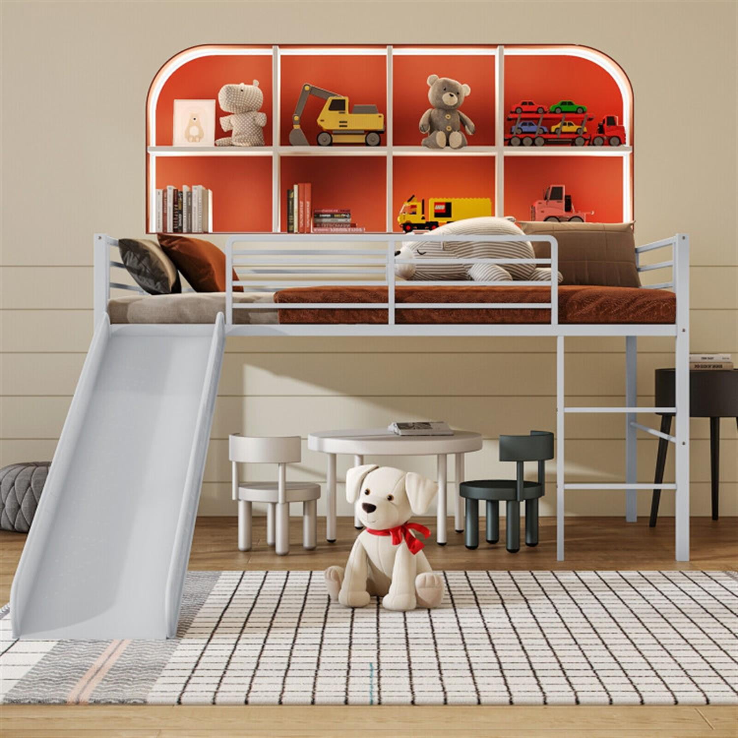Demi Bonn Twin Metal Loft Bed with Slide Safety Guardrails and Built-in Ladder for Teens, Silver
