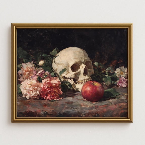 Vanitas Still Life Wall Art, Skull And Apple, Moody Gothic Fine Art Print, Vintage Dark Academia Decor, Classical Symbolic Home Decor #922, Unframed Poster Size 8x12