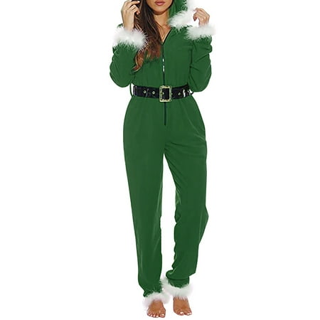 

Spring hue Women Mrs. Claus Zipster Fancy Christmas Outfits Hooded Jumpsuit Pajamas Santa Adult Pjs with Belt