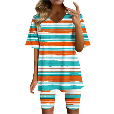Ganfancp Lounge Sets for Women Casual Summer V Neck Short Sleeve Tops And Short Pants Suit Green 3XL # Daily Deals of the Day