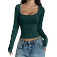 thumbnail image 1 of Camisas de Larga para Mujer, Tops Cortos, Cuello Cuadrado, Camisetas Básicas para Salir, Ropa de Invierno Y2K 2025 Verde Oscuro S, 1 of 7