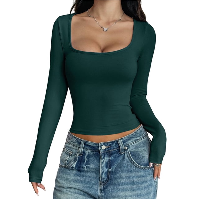 Camisas de Larga para Mujer, Tops Cortos, Cuello Cuadrado, Camisetas Básicas para Salir, Ropa de Invierno Y2K 2025 Verde Oscuro S