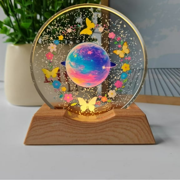 Crystal Ball with Wooden Light Base, 3D Laser Etched Constellation Glass Sphere Decorative Balls Paperweight Gift(80mm)，Style 3