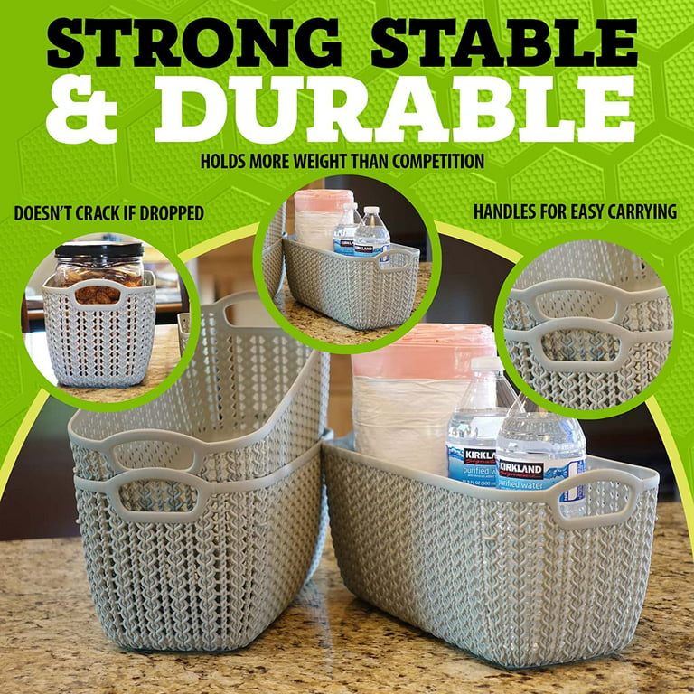 Plastic Storage Organizer Baskets (Set of 3) – Grey Rectangular Storage  Baskets - Decorative Woven Knit Design Storage Bin - Organization Bins for  Drawer, Pantry, Cabinet, Bathroom, Shelf and Kitchen 
