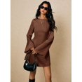 thumbnail image 2 of Coffee Brown Satin Short Dress With Open Back Tie Detail And Flared Sleeves, 2 of 7