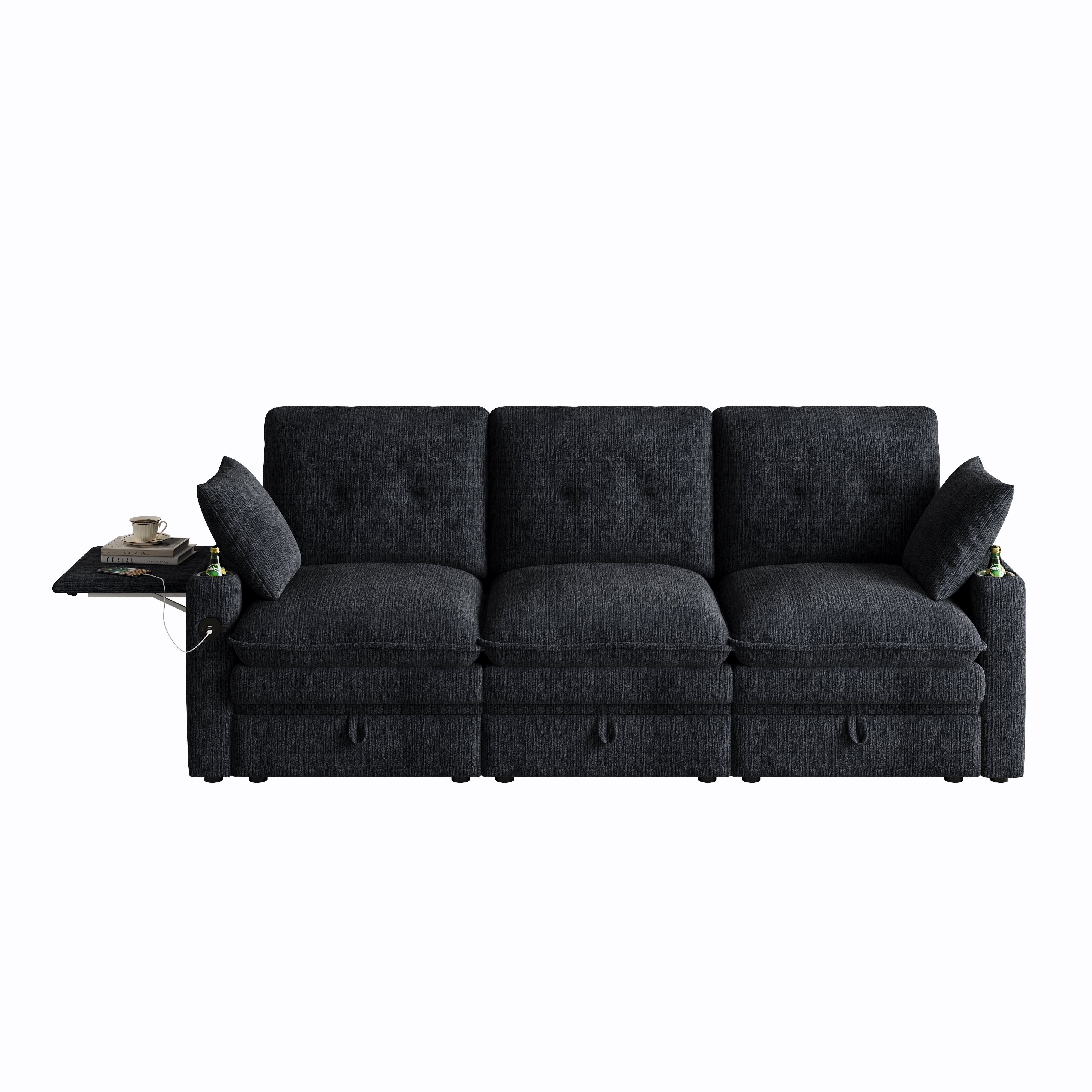 AISWORD 89" 3-in-1 Convertible Pull Out Sofa Bed, 6 Position Adjustable Sleeper Couch with USB Ports, Laptop Table, Cup Holders & Side Storage Pockets, Black