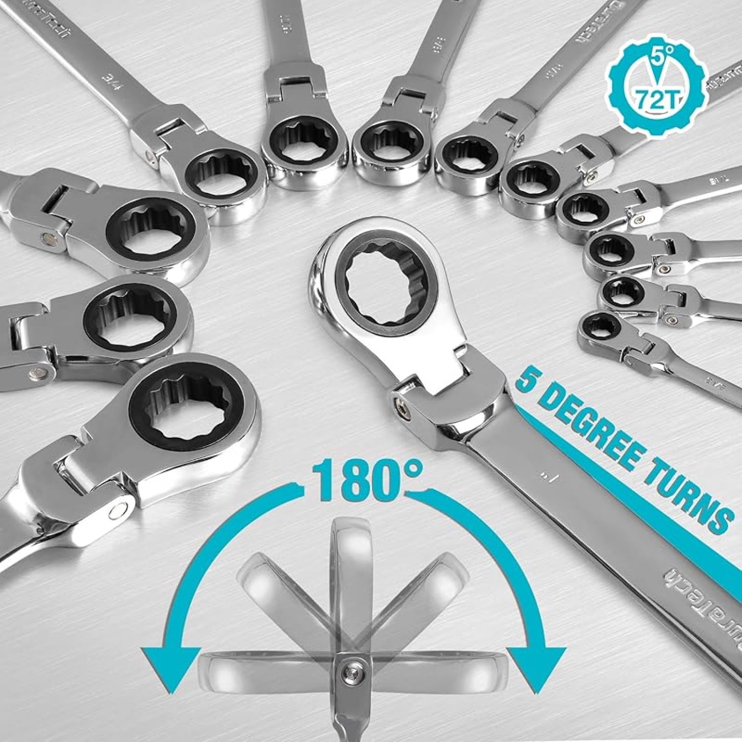 Flex-Head Ratcheting Combination Wrench Set, SAE, 13-piece, 5/16'' to 1'', CR-V Steel, with Rolling Pouch