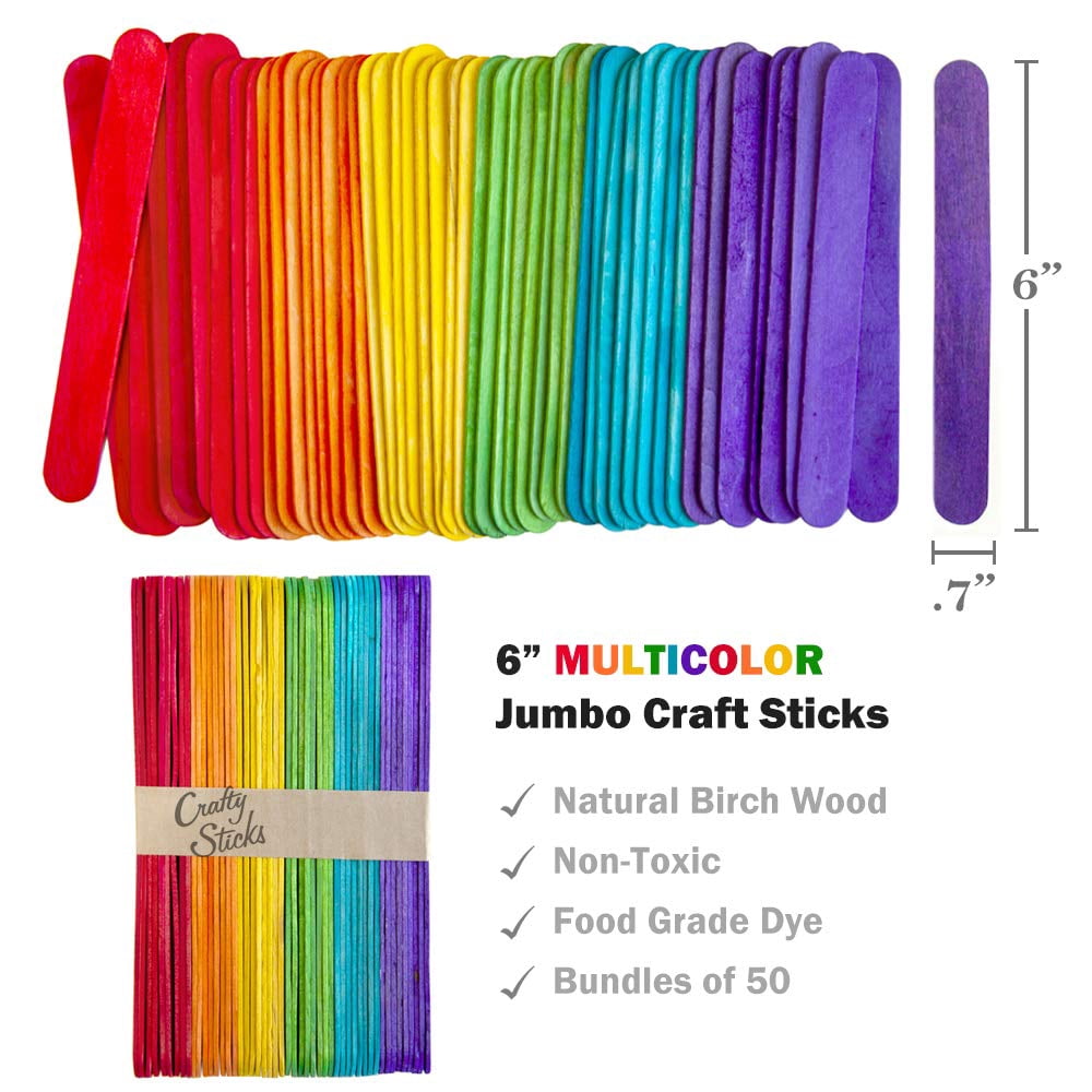 CraftySticks- 600 Pack, 6 Inch Multi Color Rainbow, Jumbo Wood Popsicle Sticks for Crafts, Home, School Art, Building, Learning, Wood Tongue Depressor Size