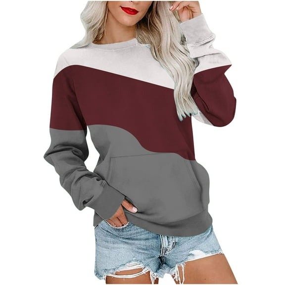 ShomPort Women's Oversized Color Block Sweatshirt Fall Clothes Crew Neck Long Sleeve Pullover Top with Pockets
