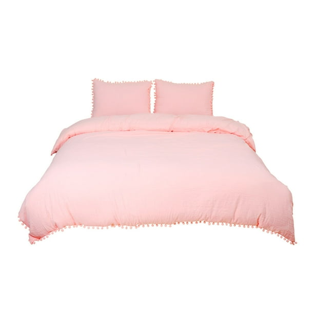 Conjunto Cobertor De Almohadón Camas King Único Lavada De Algodón Pompon Colcha Edredón Rosa claro Reina
