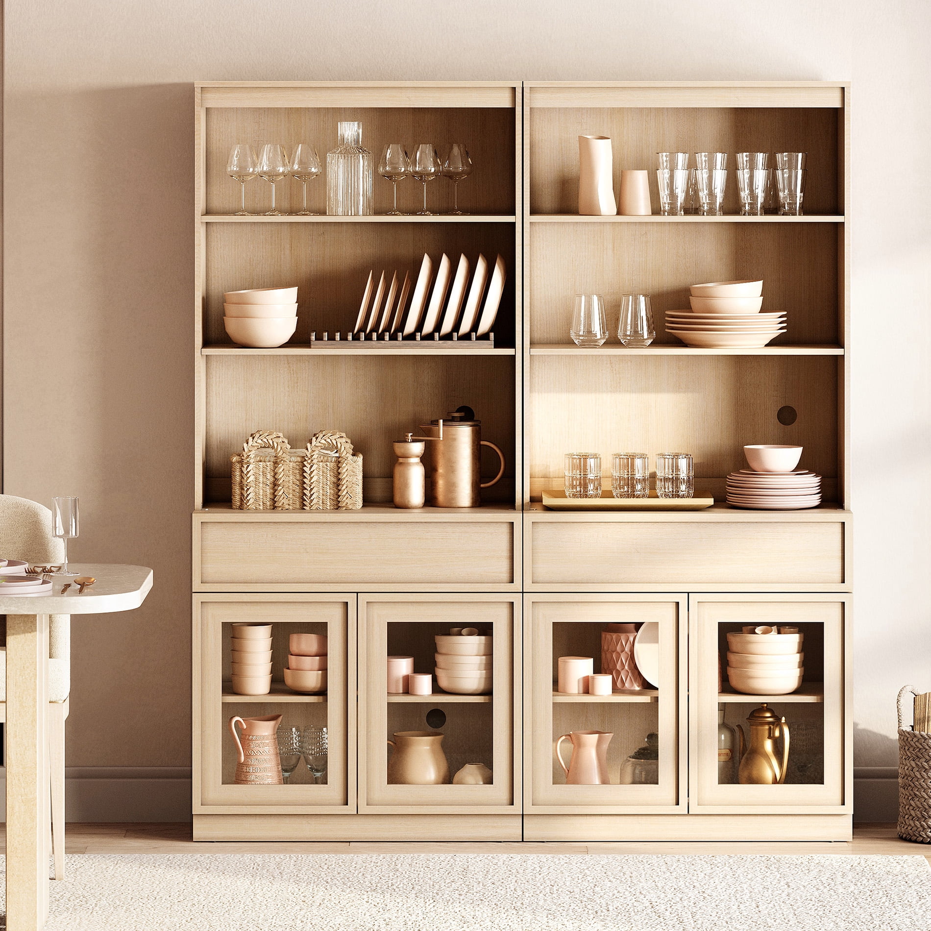 Modern 72" Tall Sideboard Buffet Cabinet, Glass Door Storage Cabinet with Drawers & Adjustable Shelves, Wood Console Cabinet for Dining Room,Entryway,Living Room,Beige