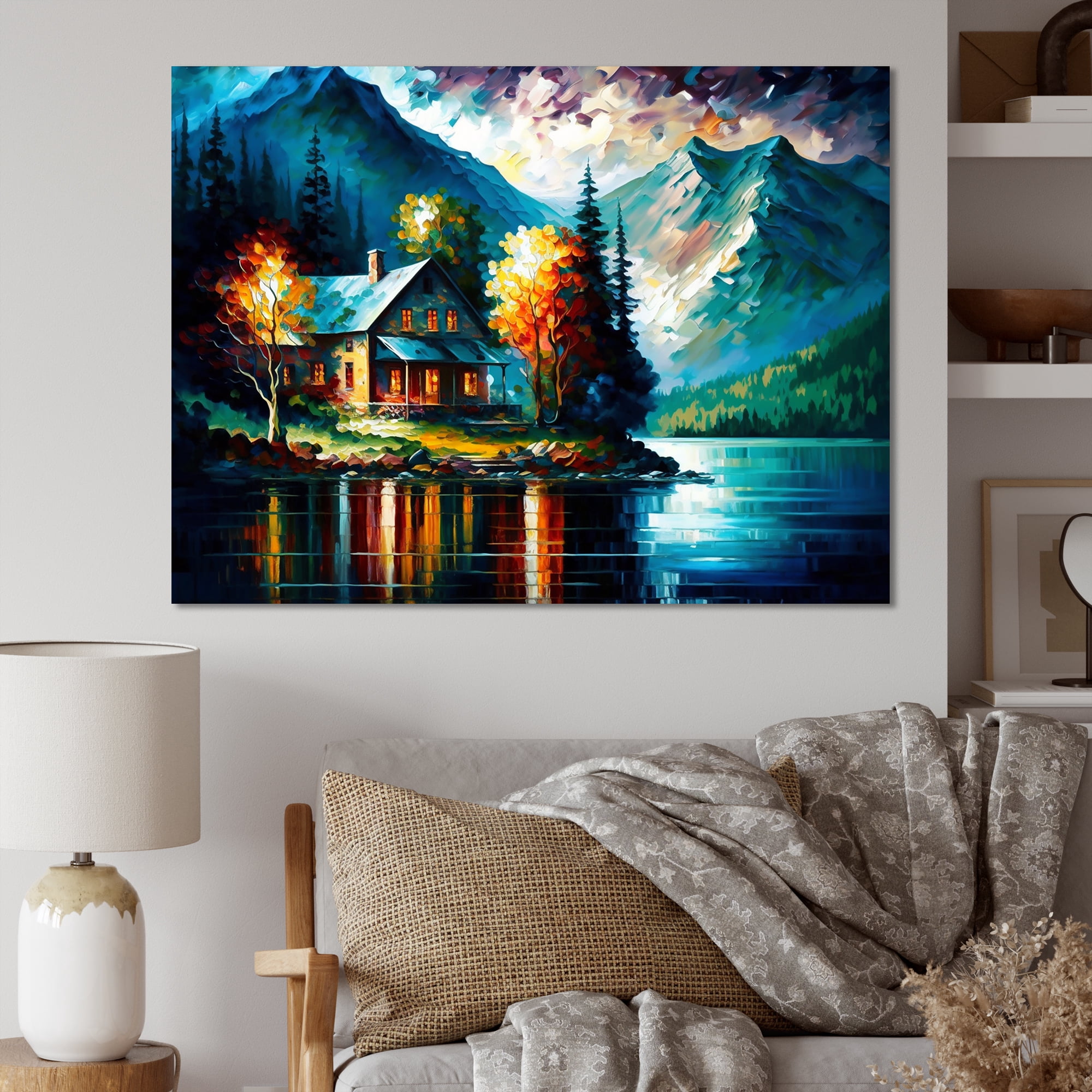 Designart Colorful Lakehouse By The Lake II Canvas Wall Art