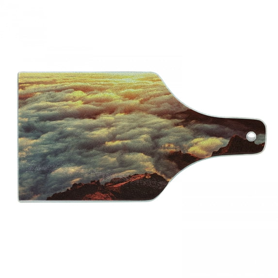 Clouds Cutting Board, Sunset on the Hill Tops Above the Clouds Unusual Extreme Morning Glory Print, Tempered Glass Cutting and Serving Board, Wine Bottle Shape, Orange White Brown, by Ambesonne