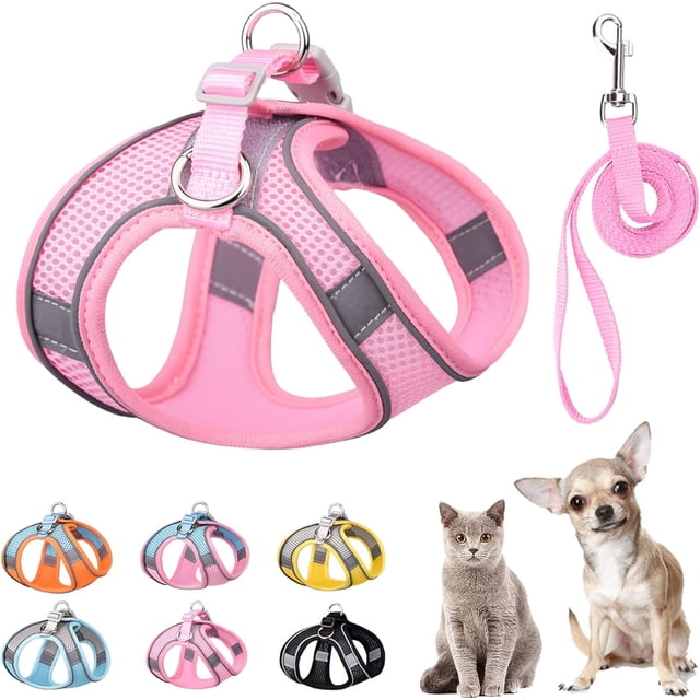 Enkarl Harnais et Laisse Doux pour Petit Chien, Harnais pour Chiot à Enfiler en Maille Aérée, Laisse, Harnais pour Promenade Facile, Gilet Harnais pour Chien Ajustable Réfléchissant Anti-Traction pour Petits Chiens Chats (Rose, P)